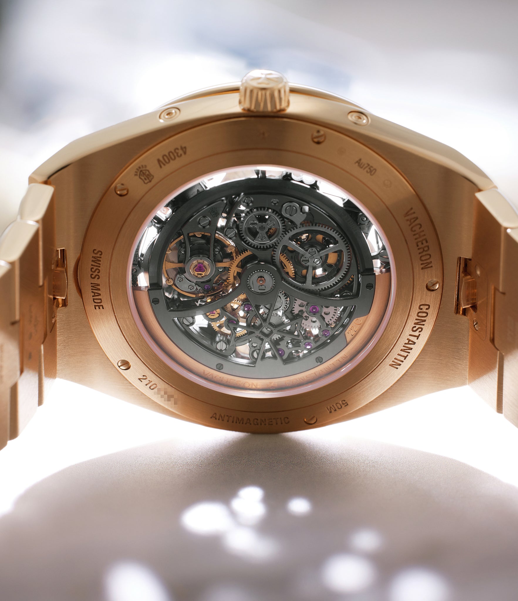 caseback Vacheron Constantin Overseas Perpetual Calendar Ultra-Thin Skeleton 4300V/120R-B547 Rose Gold preowned watch at A Collected Man London