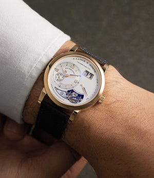 on the wrist A. Lange & Söhne Lange 1 Tourbillon 704.032 Pink Gold preowned watch at A Collected Man London