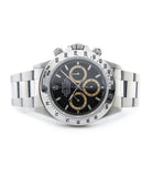 buy Rolex Cosmograph Daytona with Patrizzi dial 16520 stainless steel automatic Cal. 4030 authentic pre-owned luxury watch from 1995 with black dial and stainless steel Rolex bracelet with chronograph, chronometer, hours, minutes, sub-seconds