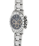 buy Rolex Cosmograph Daytona with Patrizzi dial 16520 stainless steel automatic Cal. 4030 authentic pre-owned luxury watch from 1995 with black dial and stainless steel Rolex bracelet with chronograph, chronometer, hours, minutes, sub-seconds