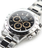 buy Rolex Cosmograph Daytona with Patrizzi dial 16520 stainless steel automatic Cal. 4030 authentic pre-owned luxury watch from 1995 with black dial and stainless steel Rolex bracelet with chronograph, chronometer, hours, minutes, sub-seconds